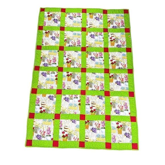 Quilt Hand Made By Church Ladies Tile Pattern Summer Cottage Garden 38”x55” - Picture 1 of 6